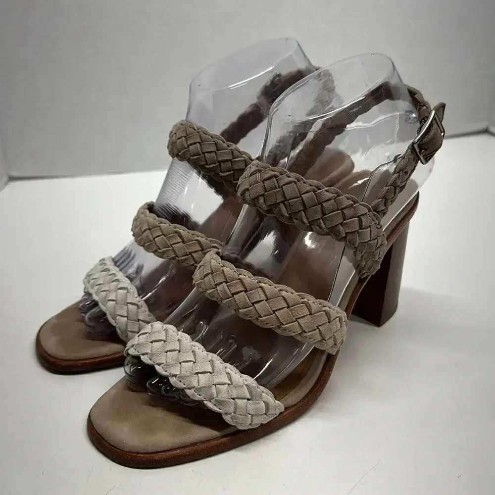 Frye Amy Braided High Heel Open Toe Sandals Shoes in Camel Multi Color Size 6.5
